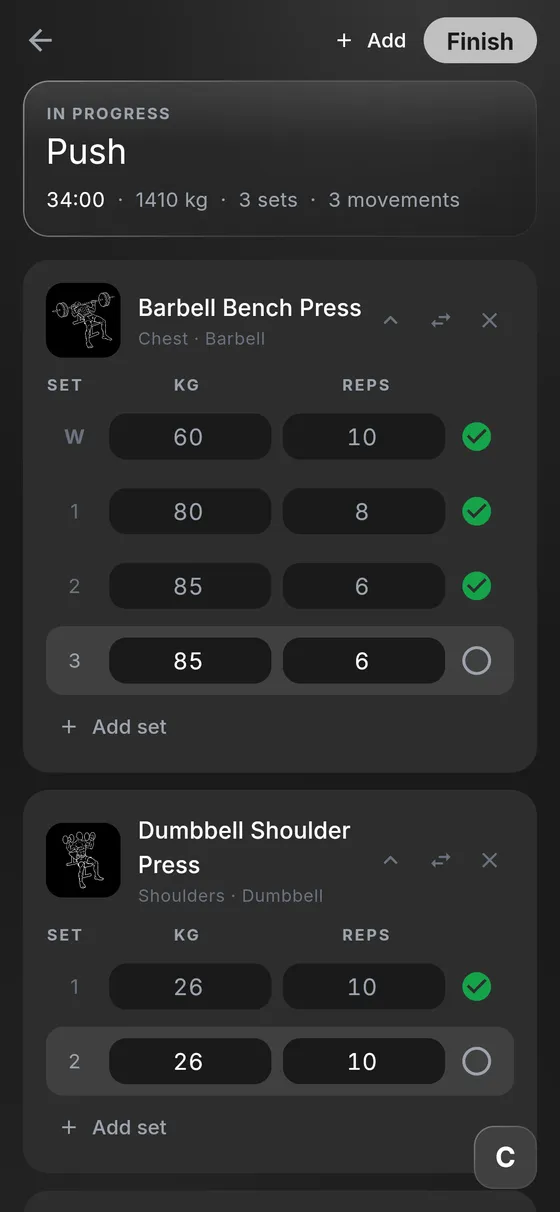 Lift 2.0 logging a workout