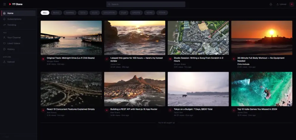 YouTube clone home feed